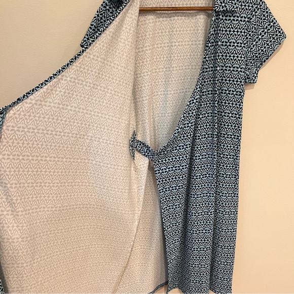 J. McLaughlin True Wrap Dress Short Sleeve Blue Geometric Print Collar Tie, L - Picture 4 of 11